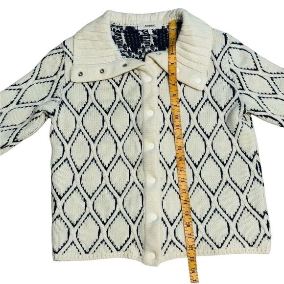 Rodier France Wool Cardigan Ivory Navy Diamond Pattern Sweater Collar Vintage L - Picture 3 of 12